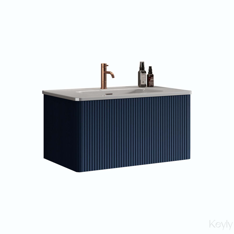 Meuble-lavabo mural rayé 30 po avec lavabo en céramique, Bleu marine