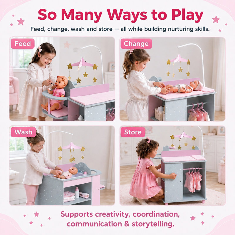 Teamson Kids Twinkle Stars Princess 4-in-1 Baby Doll Changing Station, Gray/Pink