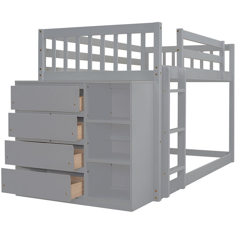 Twin Over Bunk Bed With 3 Shelves And 4 Drawers, Gray Robust Build Drawers - For Space Saving, Gray, Twin