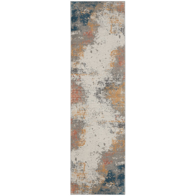 Tapis abstrait gris / bleu / ivoire, Tapis de couloir 2 pi 2 po x 7 pi 6 po