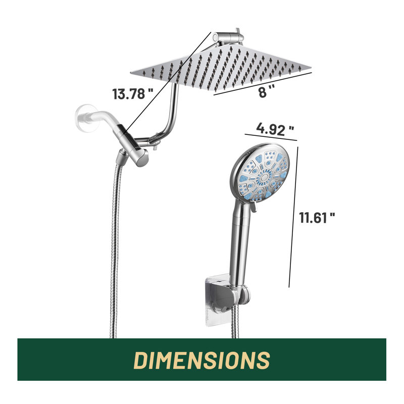 Tête de douche réglable haute pression double 8 po avec douchette à 9 jets, Chrome chrome