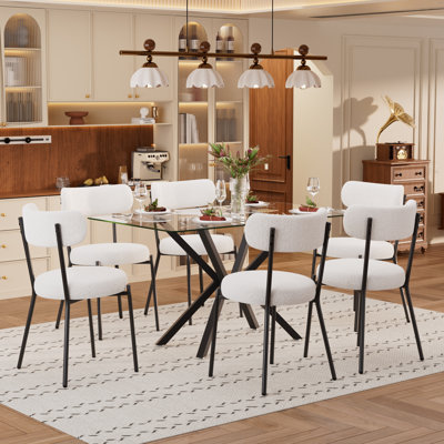 Glass Dining Table Set with Teddy Fabric Chairs, Modern Waterproof & Adjustable for Kitchen Dining Room