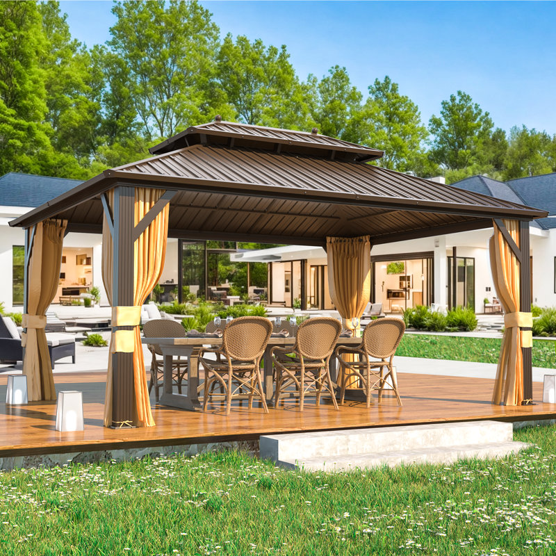  16 Ft. W x 12 Ft. D Aluminum Patio Gazebo, Hardtop Gazebo Curtain and Netting for Patio, Lawn and Garden, Brown