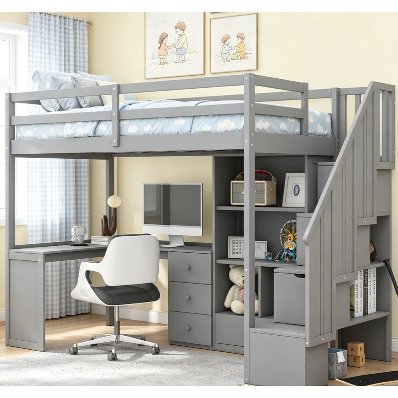 Twin Size Loft Bed With L-Shaped Desk, Drawers, Cabinet, And Storage Staircase , Maximizing Space And Storage, Grey
