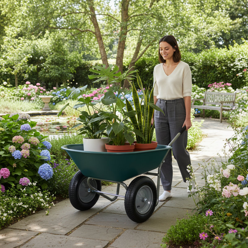 Brouette de jardin à deux roues avec roues pneumatiques de 15 pouces pour le travail en cour