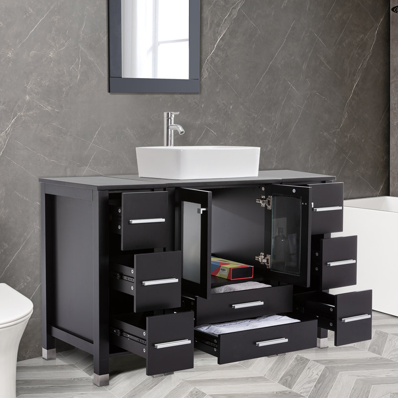 48 Single Bathroom Vanity with Wood Top, Vessel Sink, Zinc Alloy Faucet, Solid Wood Legs, Black