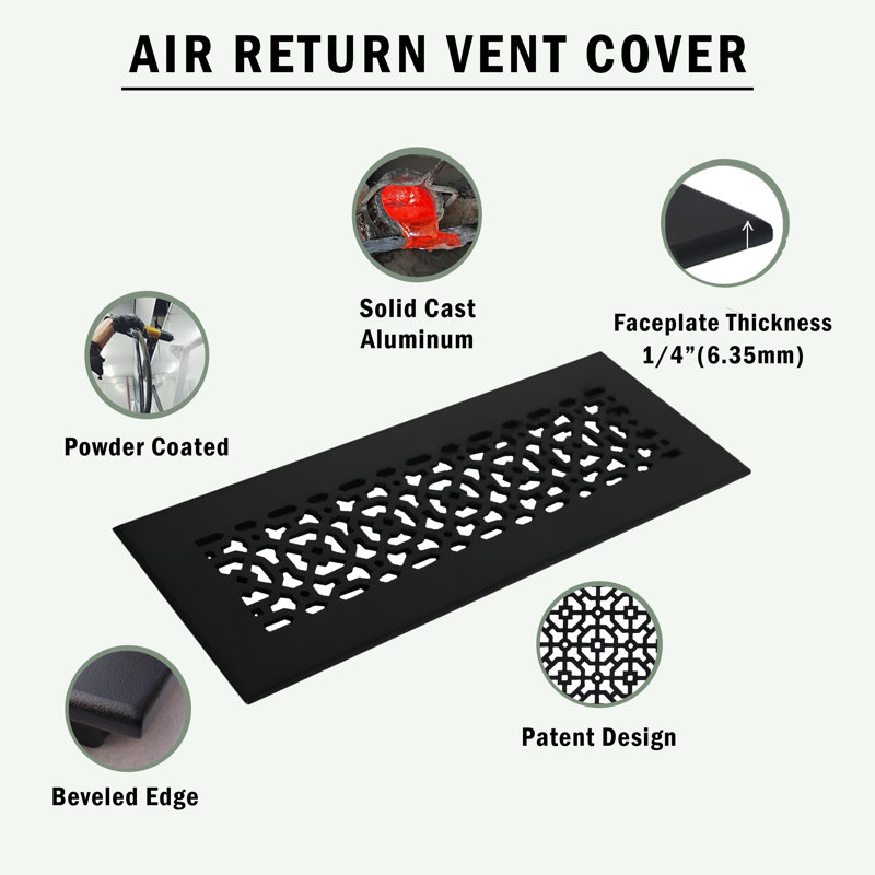 Ouverture de conduit 2 po x 10 po AIR RETOUR | Grille d'air lourde en fonte d'aluminium (4 po x 12 po au total) | Thermolaqué