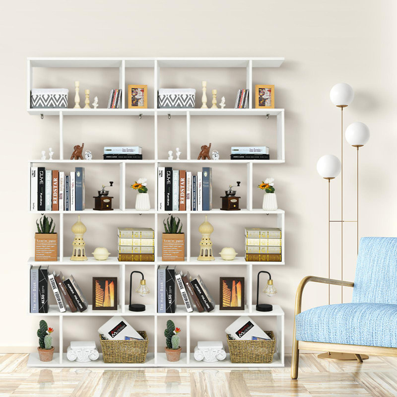 White S-Shaped 6-Tier Wooden Geometric Bookcase