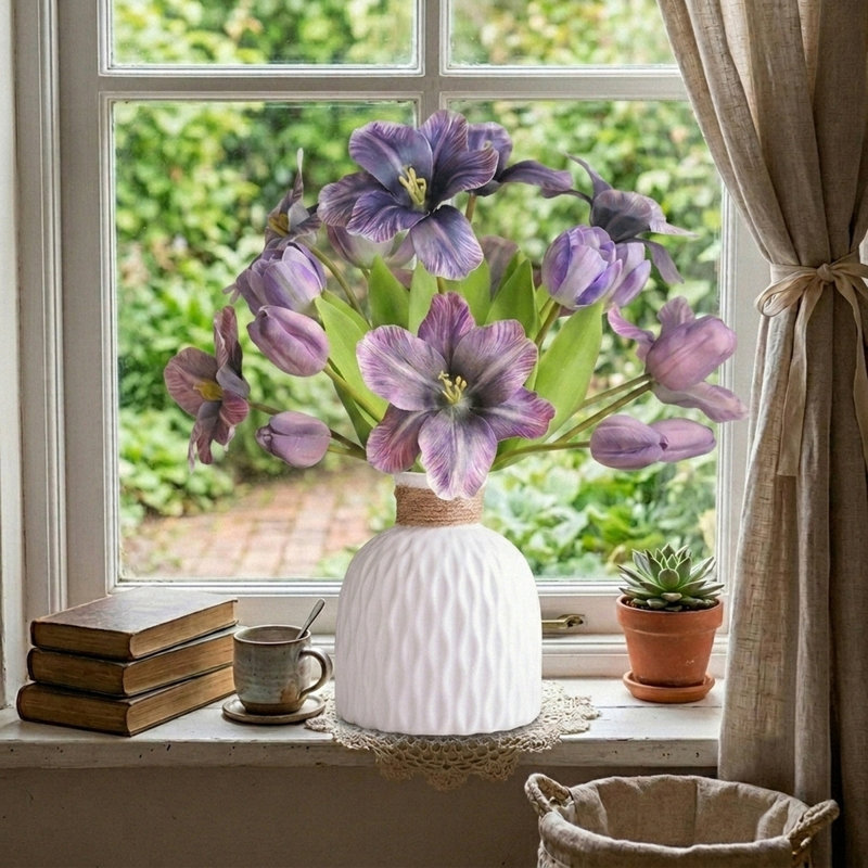 Ensemble de tulipes artificielles Real-Touch dans des vases en céramique, ensemble de faux arrangements floraux, Mauve