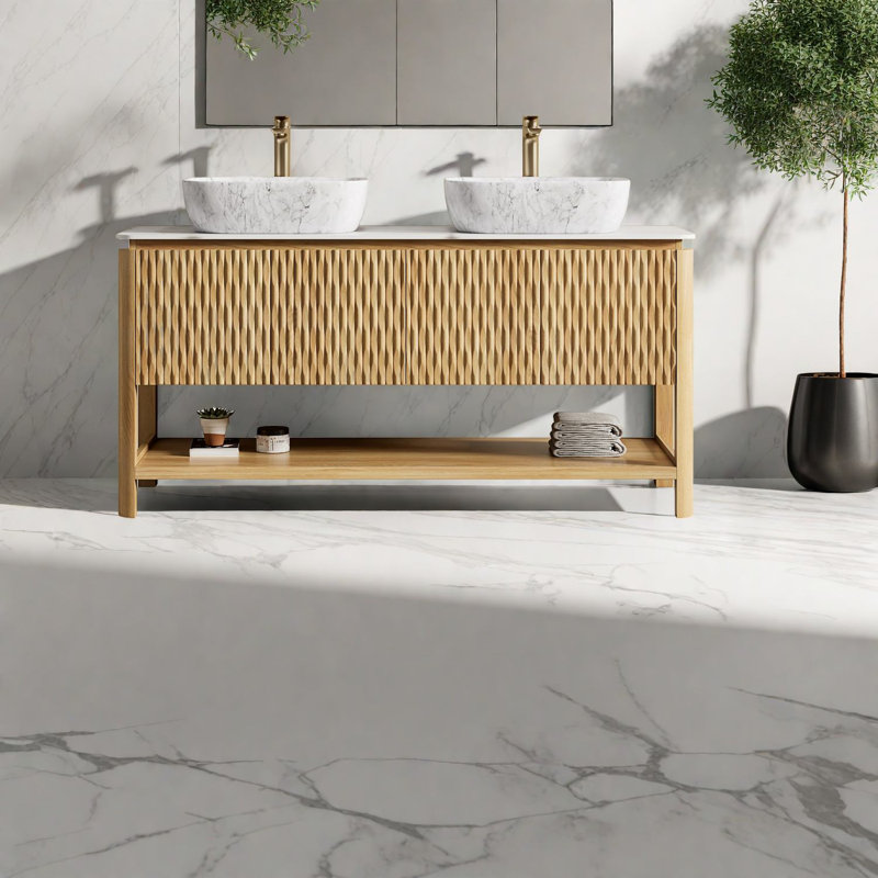Élégante coiffeuse de 60 po avec lavabo, rangement moderne en grain de bois et plateau en marbre