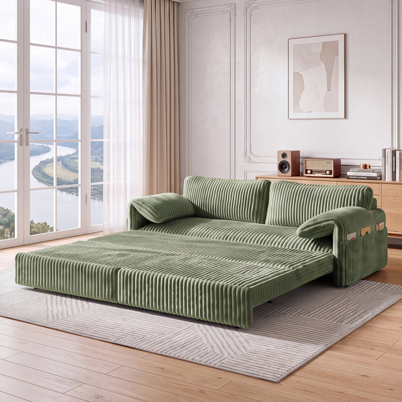 Canapé-lit convertible 3 en 1 de 202 cm (79,5 po), format King, en velours côtelé, avec coussins d'accoudoirs et poches de rangement latérales