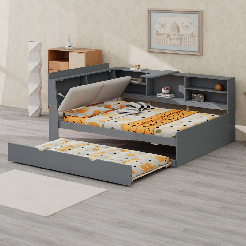 Lit plateforme en bois massif avec tête de lit tapissier, lit gigogne, planche rotative et bibliothèque, gris