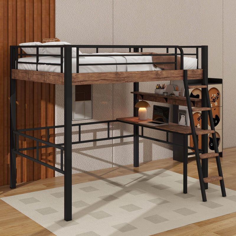 Lit mezzanine en métal avec bureau intégré, Lit double