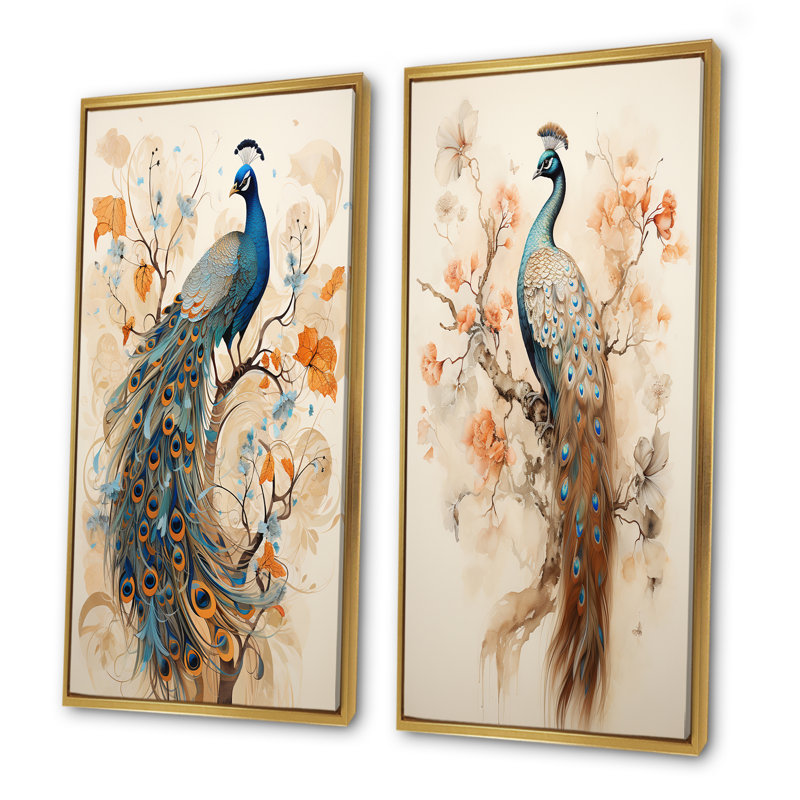 Paon fantaisie rétro en fleurs enchantées - paon, ensemble de 2 reproductions d'art sur toile, Encadrement doré
