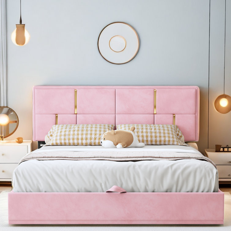 Enchantee Beige Queen Size Upholstered Platform Bed with Hydraulic Storage System (similar to stock photo)
