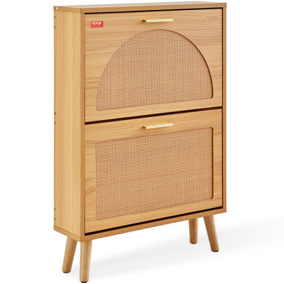 Range-chaussures avec 2 tiroirs rabattables, range-chaussures pour le vestibule, range-chaussures autoportant avec portes en rotin pour talons, bottes, pantoufles dans le couloir, salon