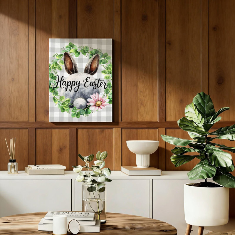 Joyeuses Pâques, lapins blancs sur toile de tissu écossais gris, feuilles, fleurs, support en bois massif