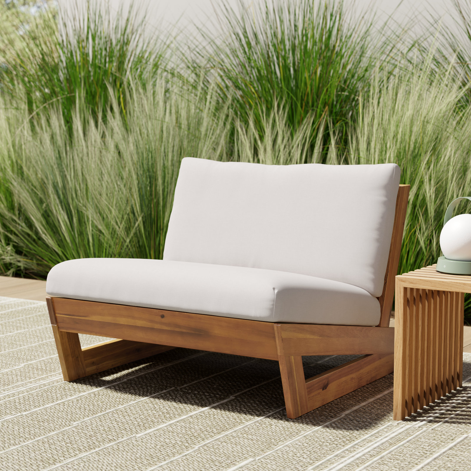 Louise Acacia Outdoor Armless Lounge Chair, Teak Frame/White Cushion
