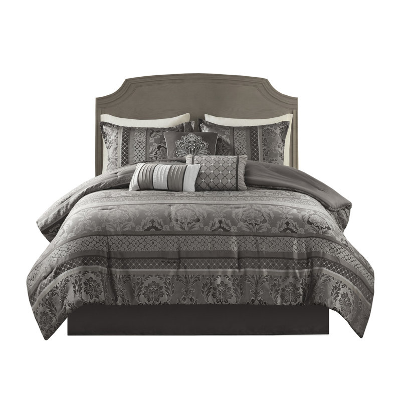 Édredon grand gris - 7 pièces avec motifs de feuilles et de rayures pour l'élégance et, Gris