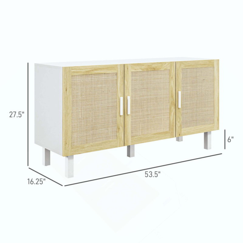 Sideboard Buffet Cabinet, Kitchen Cabinet, Coffee Bar Cabinet With 3 Rattan Doors And Adjustable Shelves, White/Natural