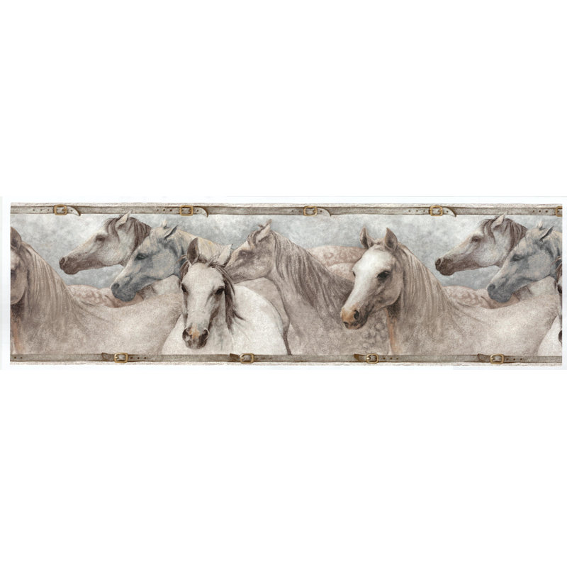 Bordure de papier peint Stevensville Horses, H 10 po x L 180 po, Gris / Brun