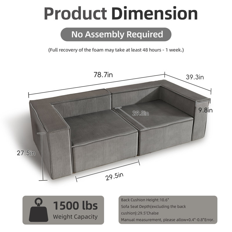 78" Modern Cloud Couch Modular Couch Courdoroy Sofa Boneless Couch, Gray