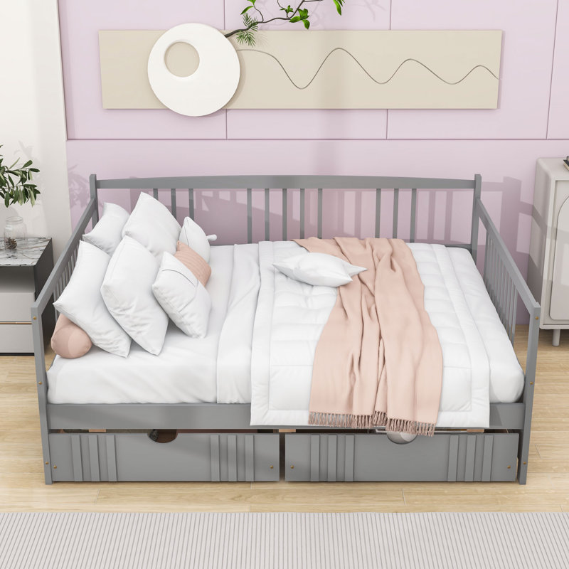 Full Size Wooden Daybed with Dual Drawers and Slats, Gray