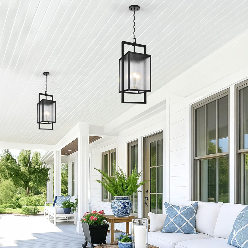 3-Light 22.8”H Black Outdoor Hanging Lantern With Rippled Glass