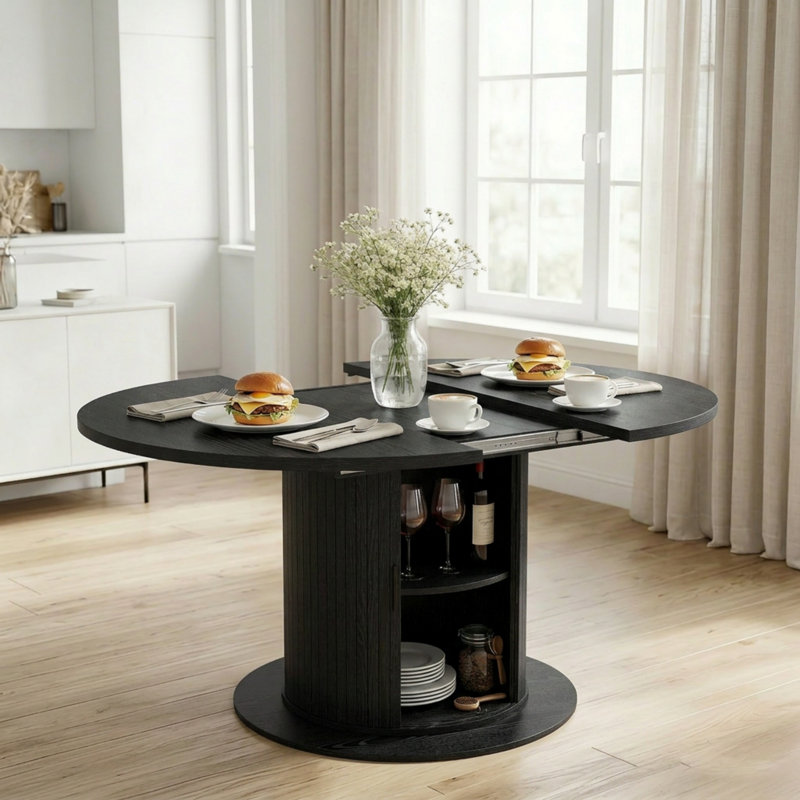 47"- 63" Extendable Round Oval Dining Table For 2-8 Person, 2-Tier Storage Kitchen Table With Dust-Proof Shelf, Black, Black