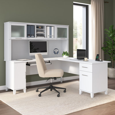 Bureau en forme de L de 72 po avec huche et rangement Paelynn, bureau d'ordinateur de coin, bois moderne, blanc