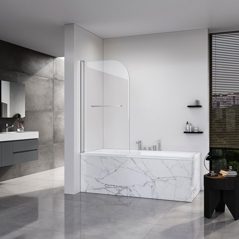 Bathtub Shower Door With 1/4"  6mm  Tempered Glass, 31 Inch * 55 Inch, Brushed Nickel, , Left Or Right Side Opening, Enhances Bathroom Functionality Long High Folding Door, Matte Black, - Shattering,