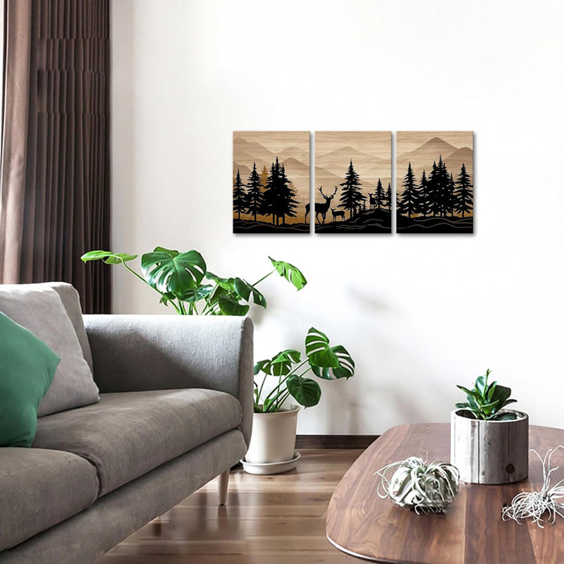 Deer Wall Art Log Cabin Decor Rustic Farmhouse Bedroom Bathroom Living Room Decor 12"x16" x 3Pieces,Framed Canvas Wall Art