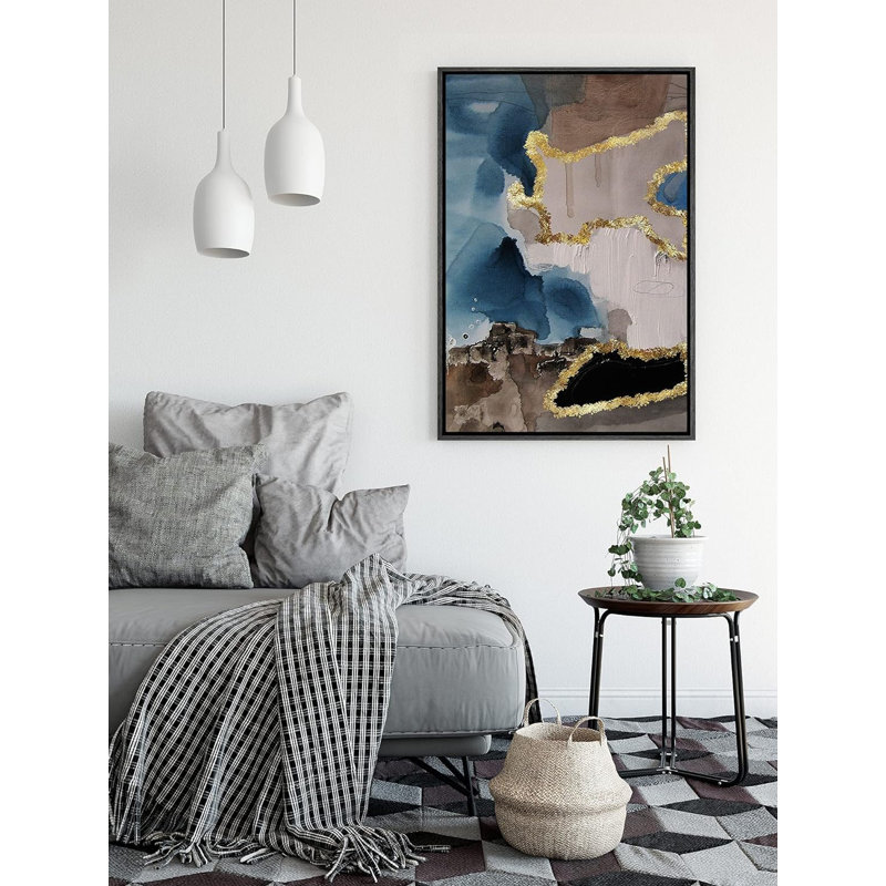 Collage aquarelle abstrait gris et bleu abstrait avec feuille d'or, Noir, H 24 po x l 16 po x P 1,5 po