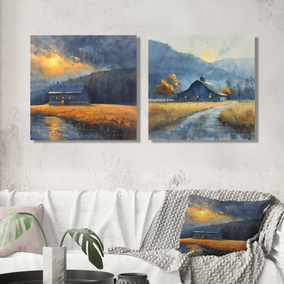 «Yellow Autumn Barn Golden Hour I» - décoration murale de grange - art mural traditionnel 2 pièces