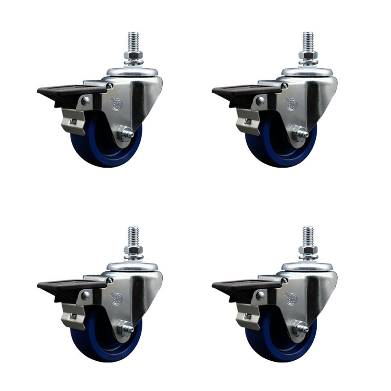 3 Inch_Solid Polyurethane ½ Inch Threaded Stem Caster Set with Brake