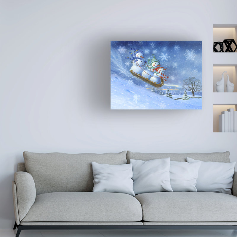 «Sledding Snowmen» par Ruth Sanderson, art sur toile sans cadre, L 19 po x H 14 po
