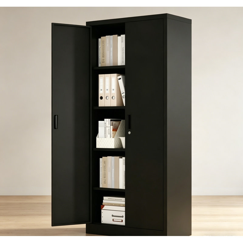 Armoire de rangement 71 po en métal noir avec portes et serrure, grand garde-manger en acier avec 4 tablettes réglables, pieds réglables