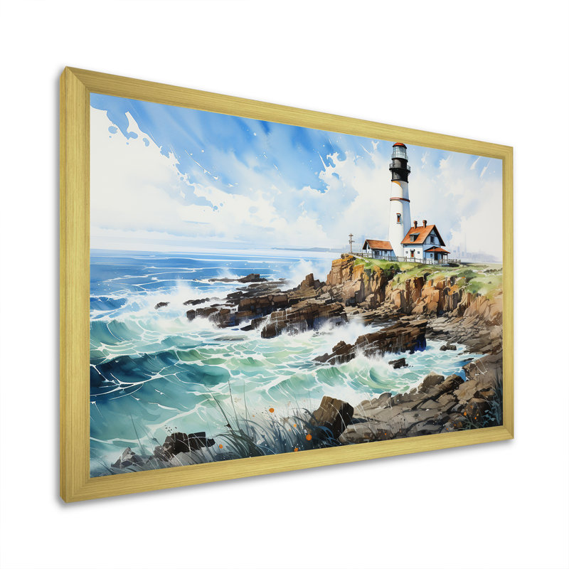 Coastal Light House, paysage sur toile, H 16 po x l 32 po x P 1 po, Cadre doré simple