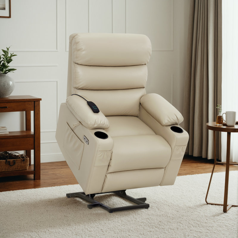 Small Power Recliner Lift Assist Chair with Vibration Massage and Heat, Faux Leather, 350 lbs, Beige