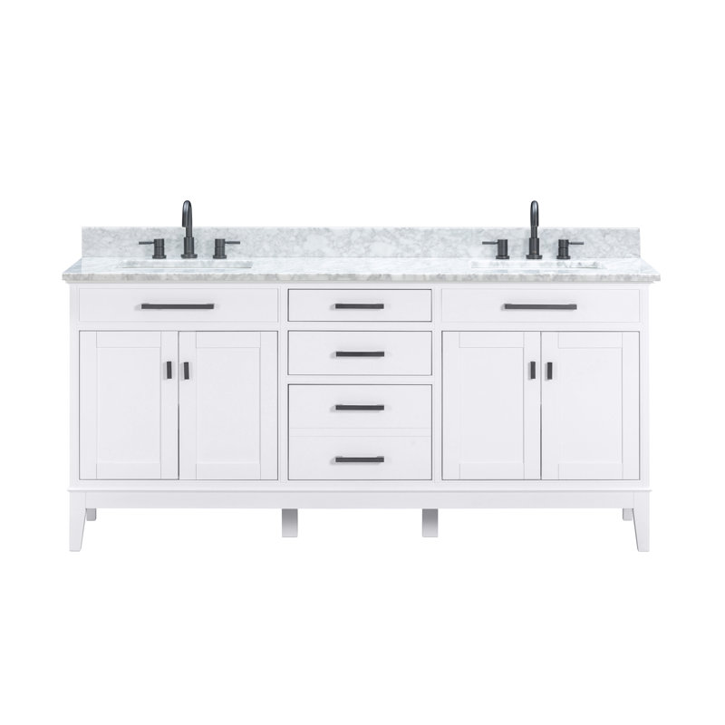Madison 72" Double Bathroom Vanity Set, White, 61", Cala White Engineered Stone