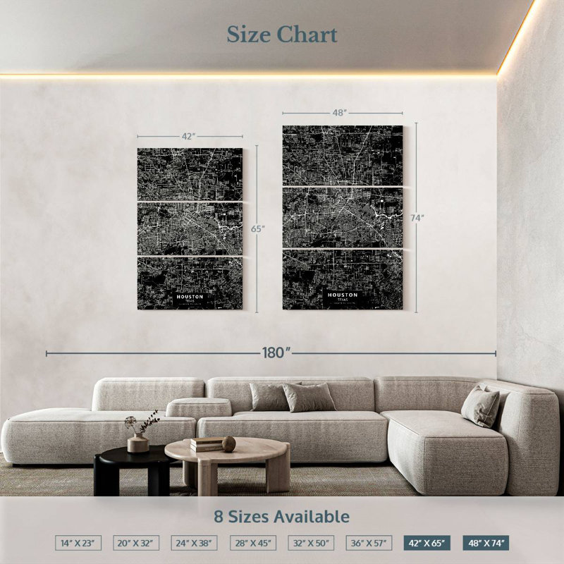 Aliaz Black Houston Texas Map, 74" H x 48" W