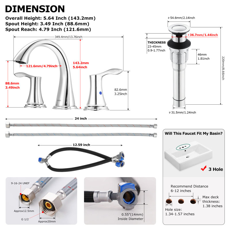 Widespread 2-handle Bathroom Faucet with Drain Assembly, Brushed Nickel