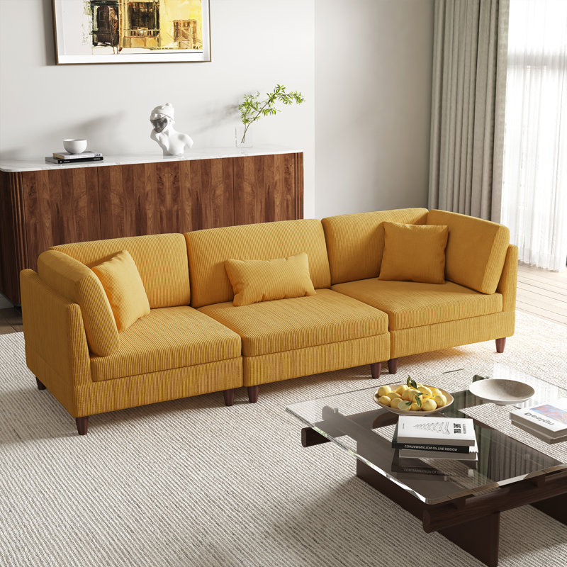 3 - Piece Upholstered Corduroy Modular Sectional with Pillow Back and Solid Wood Legs, Orange
