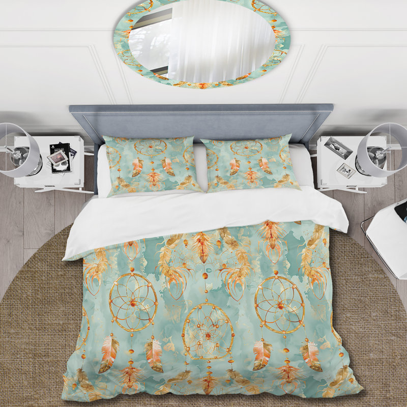 Brown Turquoise Boho Dreamcatcher IV - Boho Duvet Cover Set, Twin Duvet Cover + 2 Standard Pillow Shams