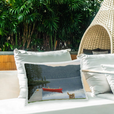 Dogs on Lake Dock Outdoor Printed Pillow by James Wiens