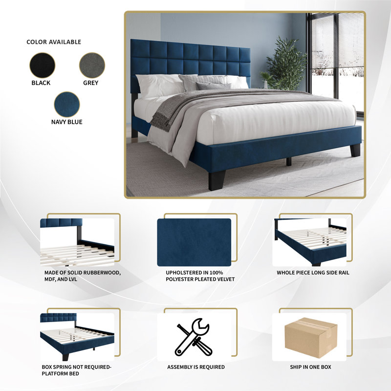 Cheneka Upholstered Unfinished Platform Bed, King, Navy Blue