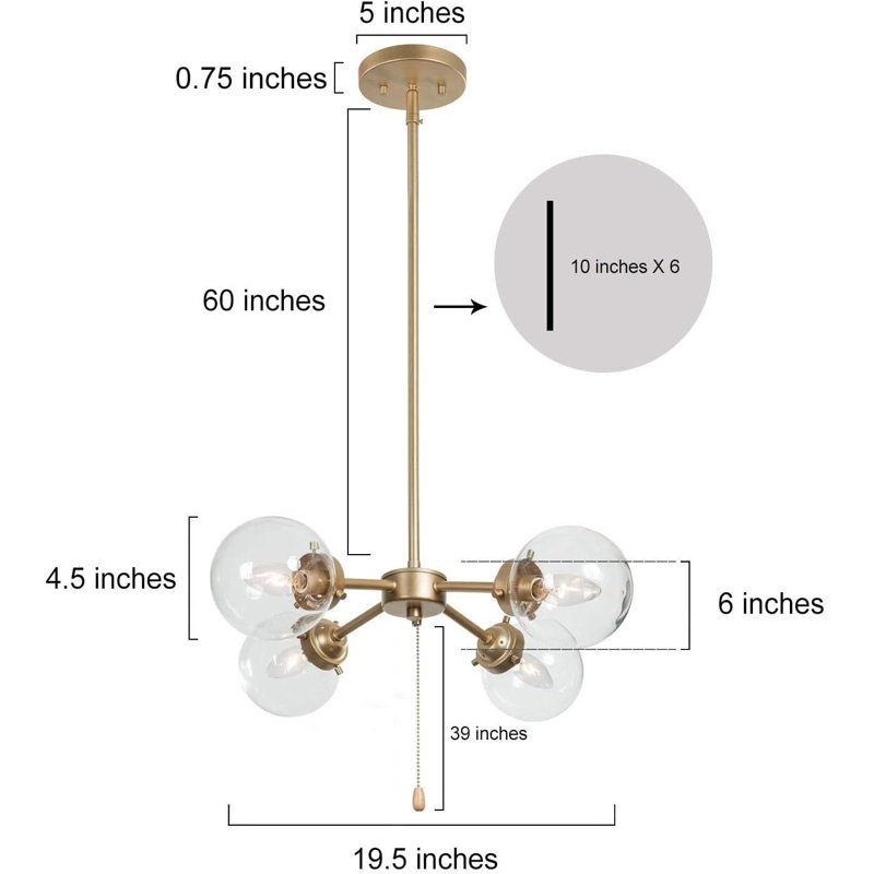 Modern Gold Globe Chandelier With Pull Chain Switch, 4-Light Semi Flush Mount Ceiling Light With Clear Glass Shades For Dining Room & Kitchen