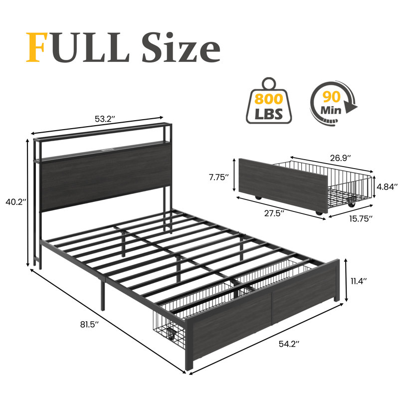 Full Bed Frame with Storage Drawers , Metal Bed Frame with 2-Tier Storage Headboard & Built-in Charging Station & LED, Noise-Free, No Box Spring Needed, Easy Assembly, Grey