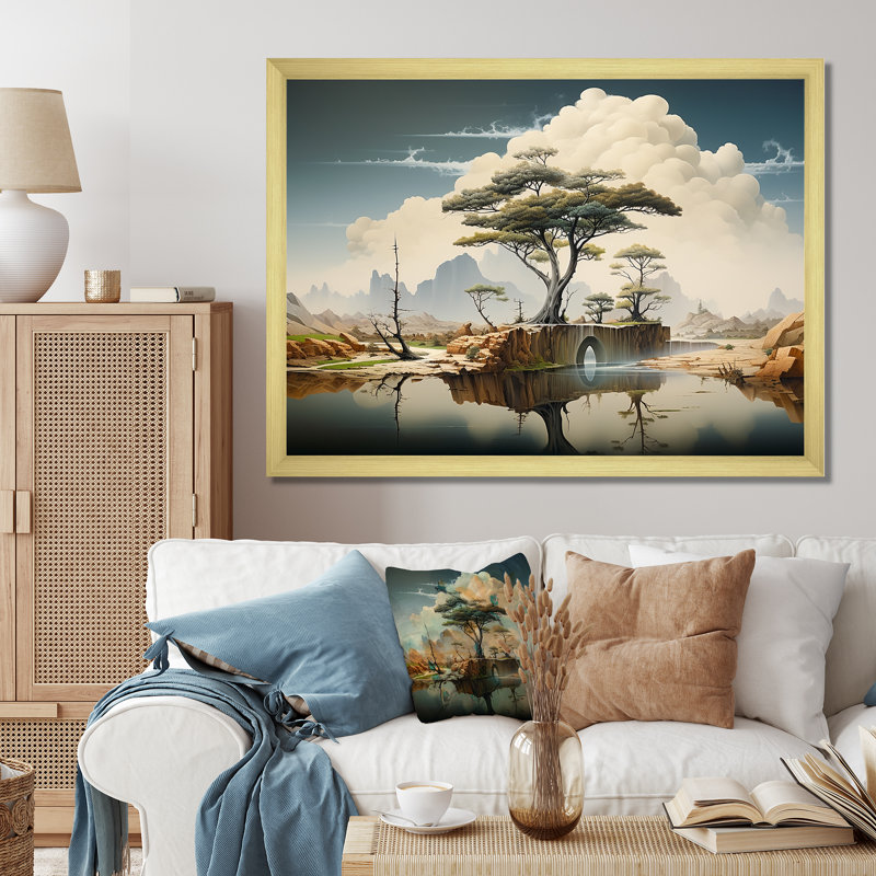 Surréalisme, paysage désertique I - art mural surréalisme, Cadre d'angle fermé doré, H 12 po x l 20 po x P 1 po