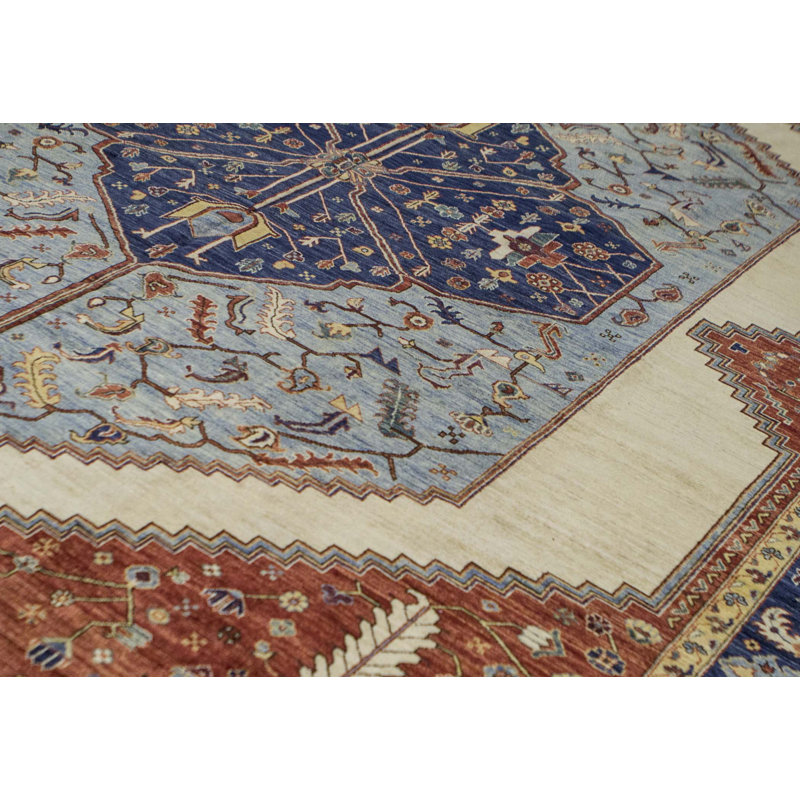 Tapis rouge et bleu noué à la main de haute qualité